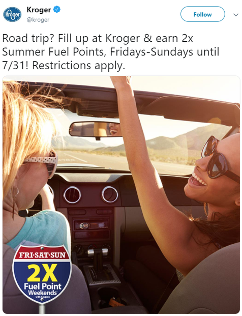 Kroger's double fuel points in effect May to July 2016